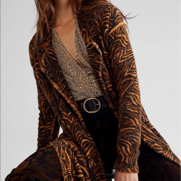 New Free People Long Animal Cardi Duster Sweater Size L - Picture 2 of 7